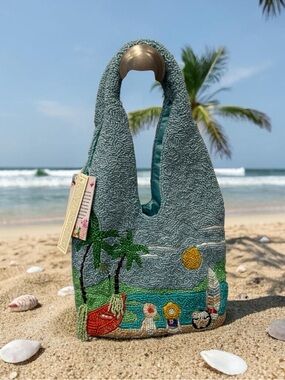 Hand-Beaded Teal Shoulder Bag with Beach Embroidery